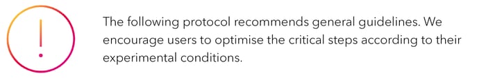 The following protocol recommends general guidelines. We encourage users to optimise the critical steps according to their experimental conditions.